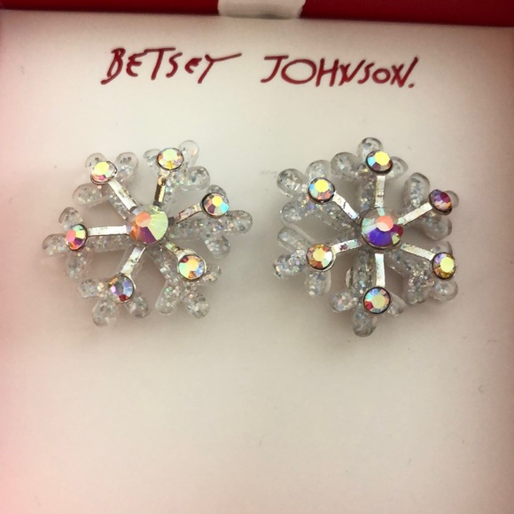 Betsey Johnson Silver Tone & Acrylic Snowflake Stud Earrings Crystal Accents NIB - Picture 5 of 11